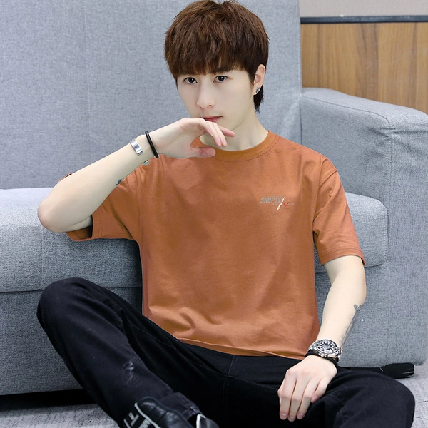 男士韩版夏季100%纯棉上衣服潮流夏天修身半袖