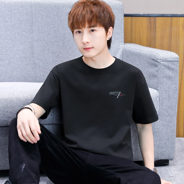 男士韩版夏季100%纯棉上衣服潮流夏天修身半袖