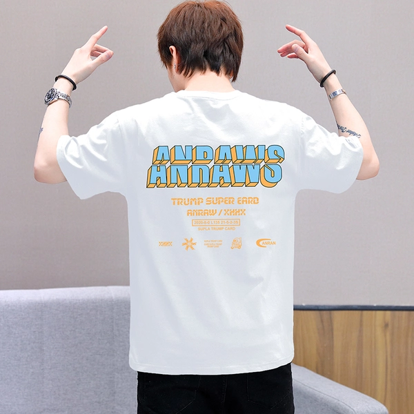 纯棉男士短袖t恤韩版男装圆领前后印花半袖