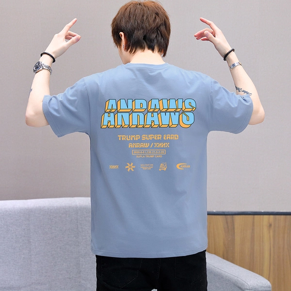 纯棉男士短袖t恤韩版男装圆领前后印花半袖