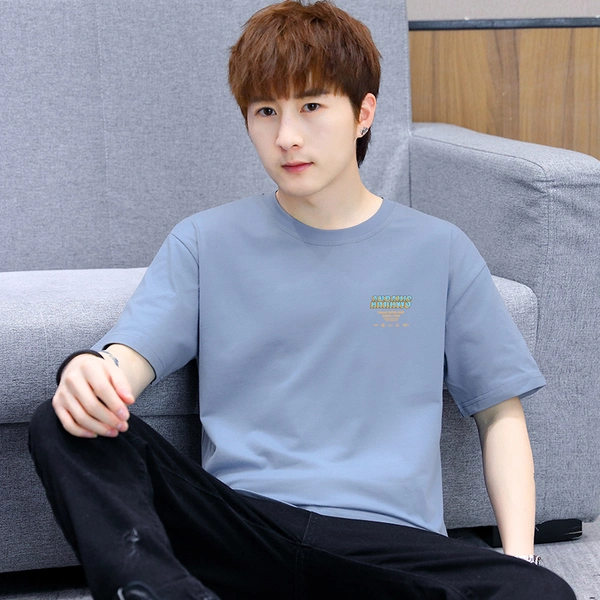 纯棉男士短袖t恤韩版男装圆领前后印花半袖