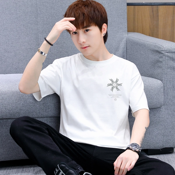 短袖t恤男夏季大码宽松圆领纯棉前后印花体恤