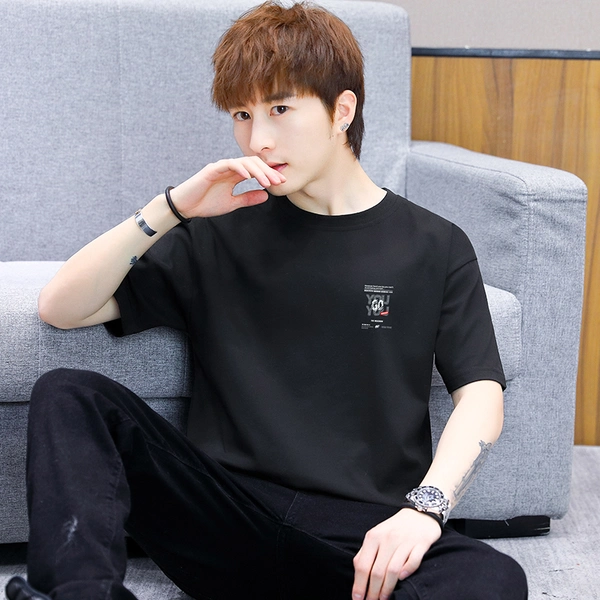 男士青年纯棉休闲运动体恤宽松前后印花T恤衫