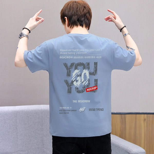 男士青年纯棉休闲运动体恤宽松前后印花T恤衫