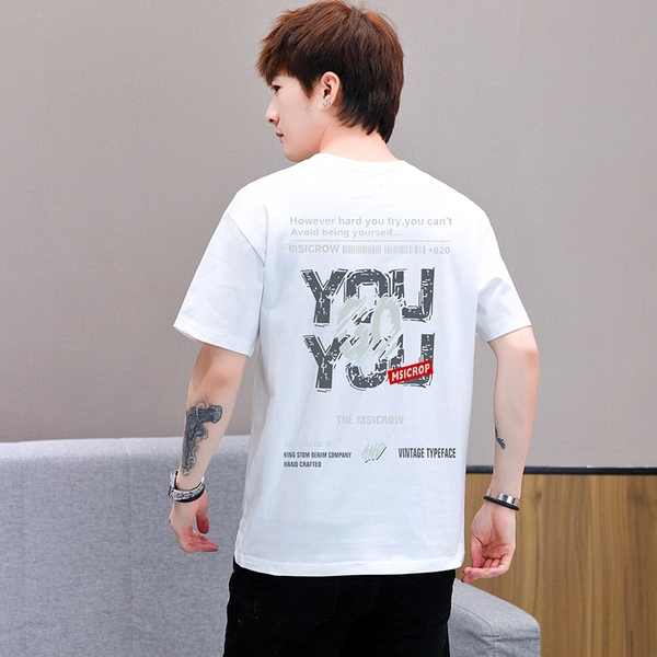 男士青年纯棉休闲运动体恤宽松前后印花T恤衫