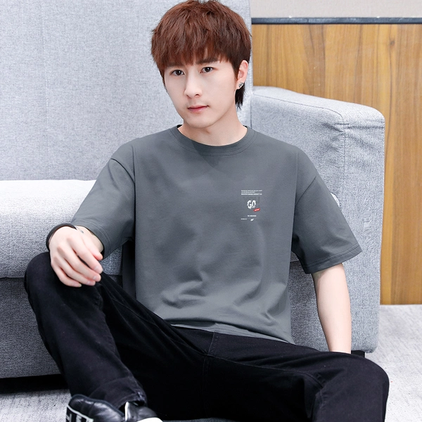 男士青年纯棉休闲运动体恤宽松前后印花T恤衫