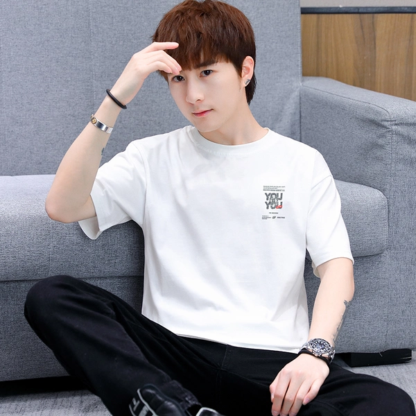 男士青年纯棉休闲运动体恤宽松前后印花T恤衫