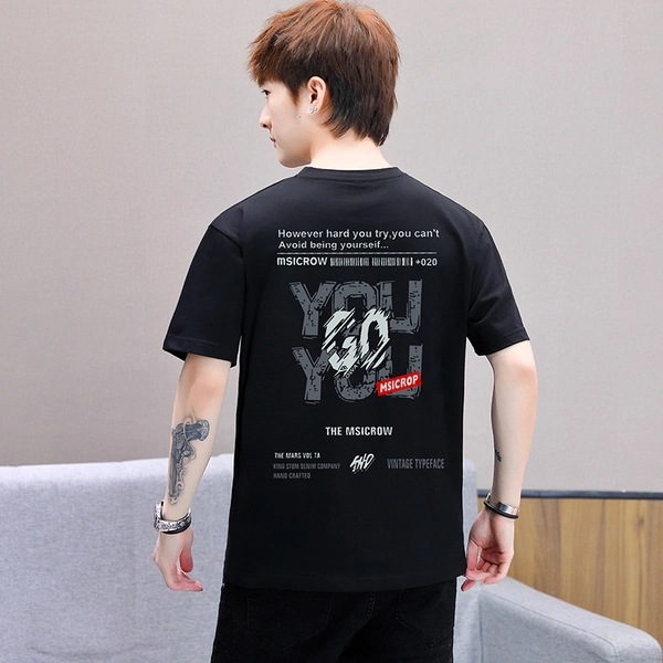 男士青年纯棉休闲运动体恤宽松前后印花T恤衫