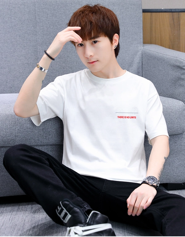 纯棉t恤衫潮新款男式宽松圆领前后印花上衣