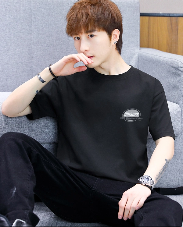 前后印花短袖t恤 纯棉半袖圆领男士上衣 夏季宽松打底衫