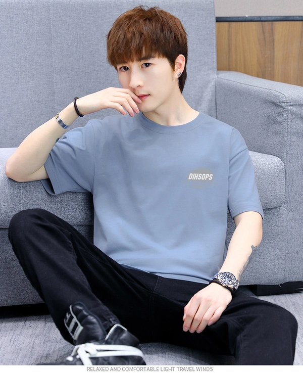 前后印花短袖t恤 纯棉半袖圆领男士上衣 夏季宽松打底衫