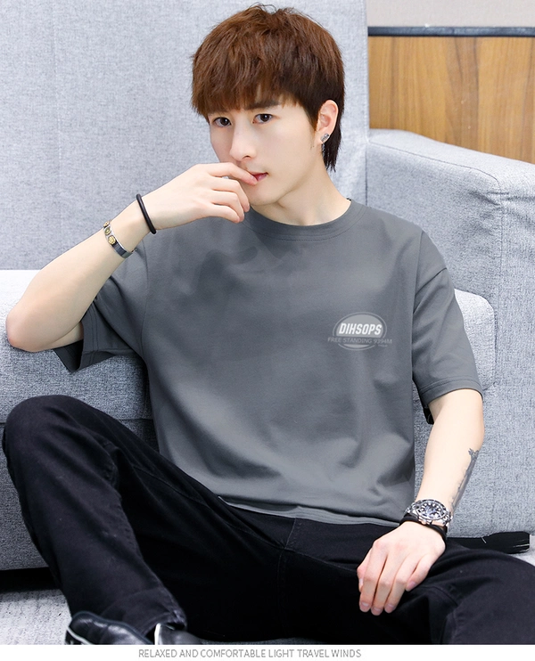 前后印花短袖t恤 纯棉半袖圆领男士上衣 夏季宽松打底衫