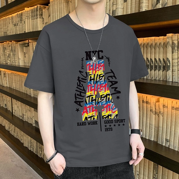 男装新款纯棉男士圆领T恤宽松休闲潮打底上衣