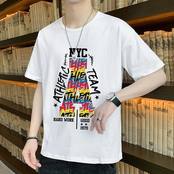 男装新款纯棉男士圆领T恤宽松休闲潮打底上衣