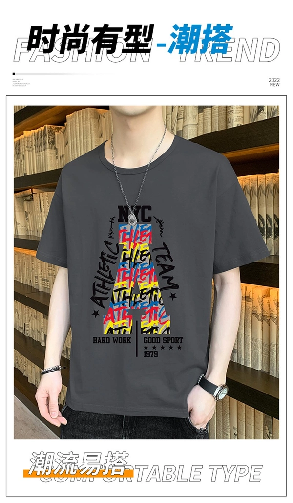 男装新款纯棉男士圆领T恤宽松休闲潮打底上衣