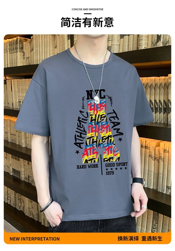 男装新款纯棉男士圆领T恤宽松休闲潮打底上衣