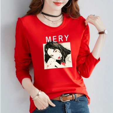 大版型韩版T恤 修身印花圆领上衣 女装新款长袖